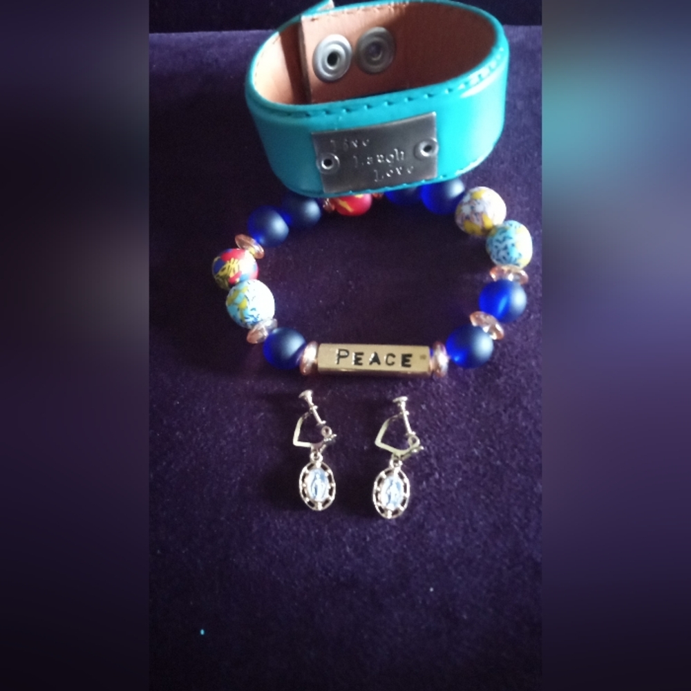 Virgin Mary Earrings,Colorful Beaded Bracelet with Peace Charm, Leather Bracelet